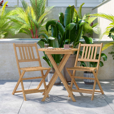 Martindale 3 Piece Folding Patio Bistro Set, Indoor/Outdoor Acacia Wood Table and 2 Chair Set with Slatted Design