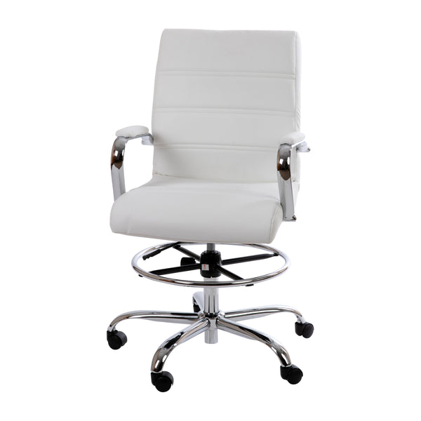 White |#| Mid-Back White LeatherSoft Drafting Chair - Adjustable Foot Ring and Chrome Base
