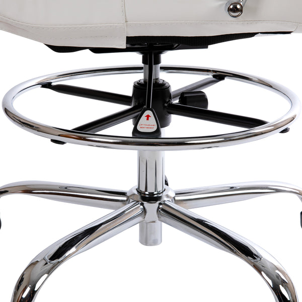 White |#| Mid-Back White LeatherSoft Drafting Chair - Adjustable Foot Ring and Chrome Base