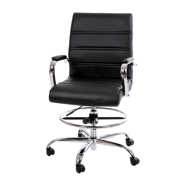 Black |#| Mid-Back Black LeatherSoft Drafting Chair - Adjustable Foot Ring and Chrome Base