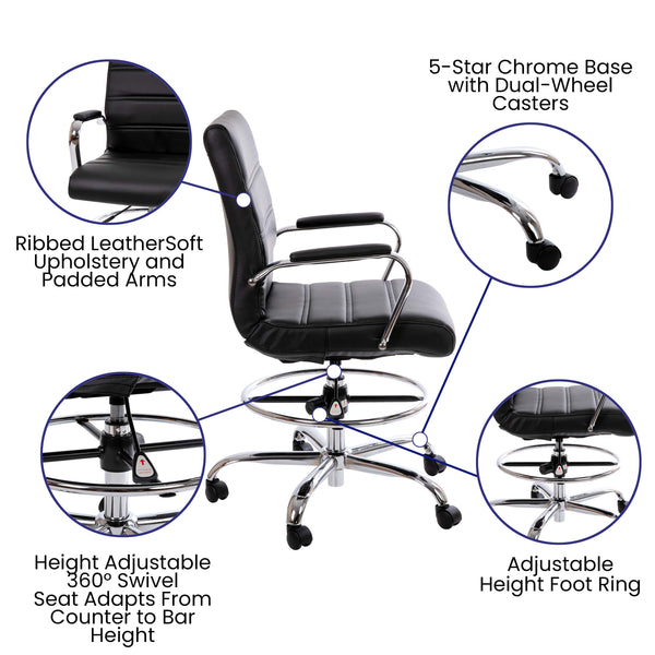 Black |#| Mid-Back Black LeatherSoft Drafting Chair - Adjustable Foot Ring and Chrome Base