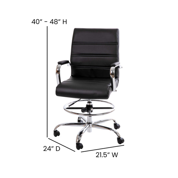 Black |#| Mid-Back Black LeatherSoft Drafting Chair - Adjustable Foot Ring and Chrome Base