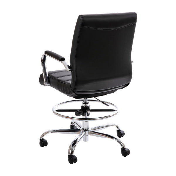 Black |#| Mid-Back Black LeatherSoft Drafting Chair - Adjustable Foot Ring and Chrome Base