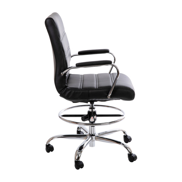 Black |#| Mid-Back Black LeatherSoft Drafting Chair - Adjustable Foot Ring and Chrome Base