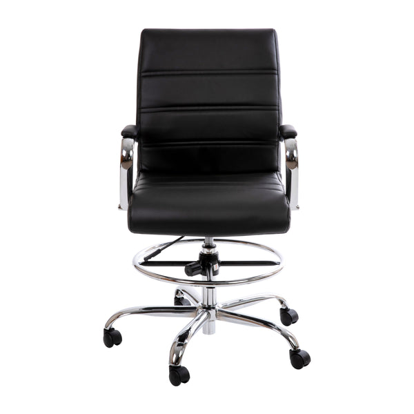 Black |#| Mid-Back Black LeatherSoft Drafting Chair - Adjustable Foot Ring and Chrome Base