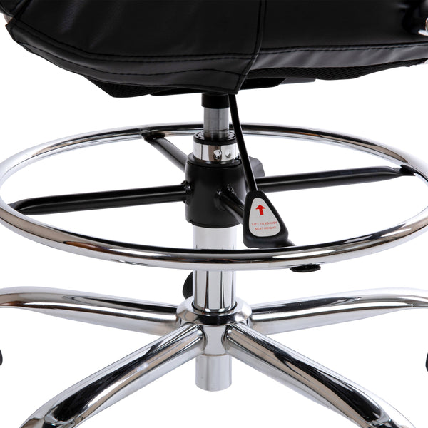 Black |#| Mid-Back Black LeatherSoft Drafting Chair - Adjustable Foot Ring and Chrome Base