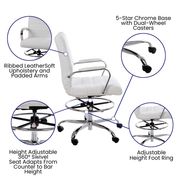 White |#| Mid-Back White LeatherSoft Drafting Chair - Adjustable Foot Ring and Chrome Base