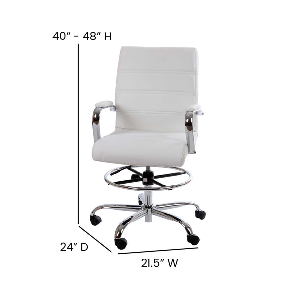 White |#| Mid-Back White LeatherSoft Drafting Chair - Adjustable Foot Ring and Chrome Base