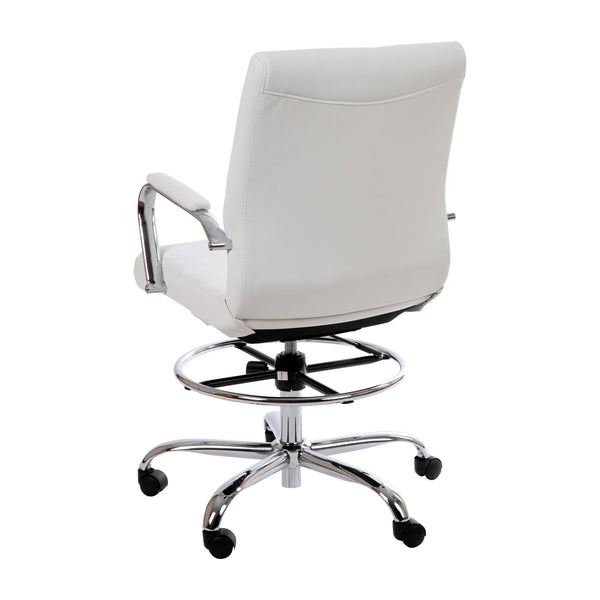 White |#| Mid-Back White LeatherSoft Drafting Chair - Adjustable Foot Ring and Chrome Base
