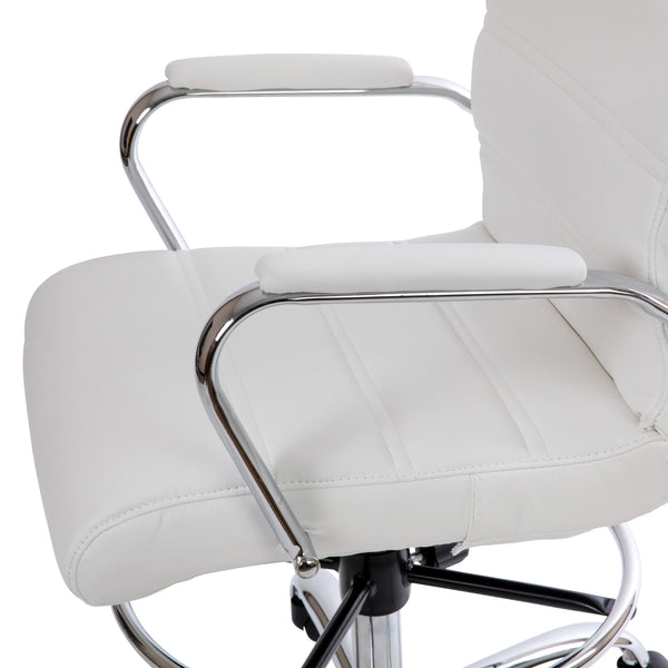 White |#| Mid-Back White LeatherSoft Drafting Chair - Adjustable Foot Ring and Chrome Base