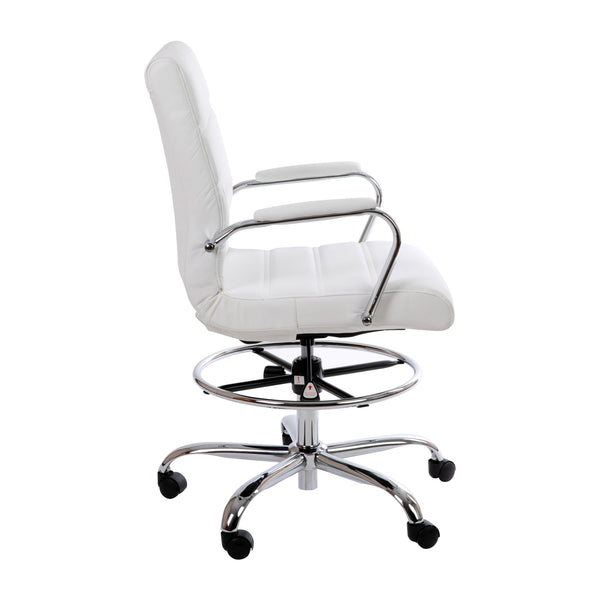 White |#| Mid-Back White LeatherSoft Drafting Chair - Adjustable Foot Ring and Chrome Base