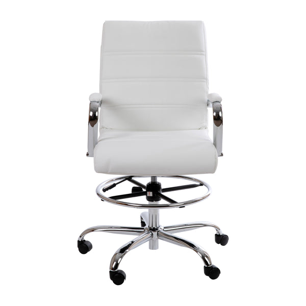 White |#| Mid-Back White LeatherSoft Drafting Chair - Adjustable Foot Ring and Chrome Base