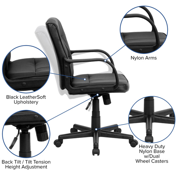 Mid-Back Black LeatherSoft Swivel Task Office Chair with Arms - Home Office