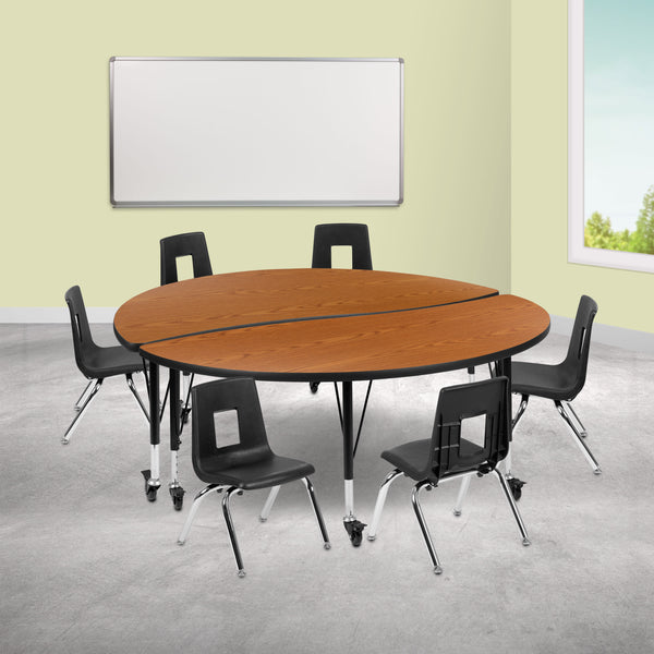 Oak |#| Mobile 60inch Circle Wave Activity Table Set-14inch Student Stack Chairs, Oak/Black