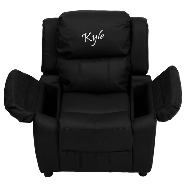 Black LeatherSoft |#| Personalized Deluxe Padded Black LeatherSoft Kids Recliner with Storage Arms
