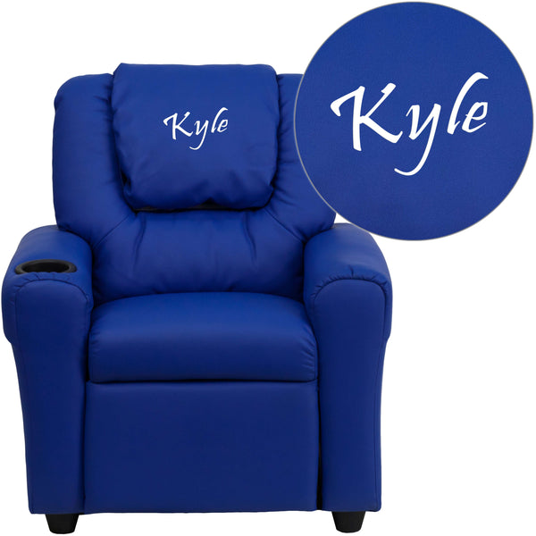 Blue Vinyl |#| Personalized Blue Vinyl Kids Recliner with Cup Holder and Headrest