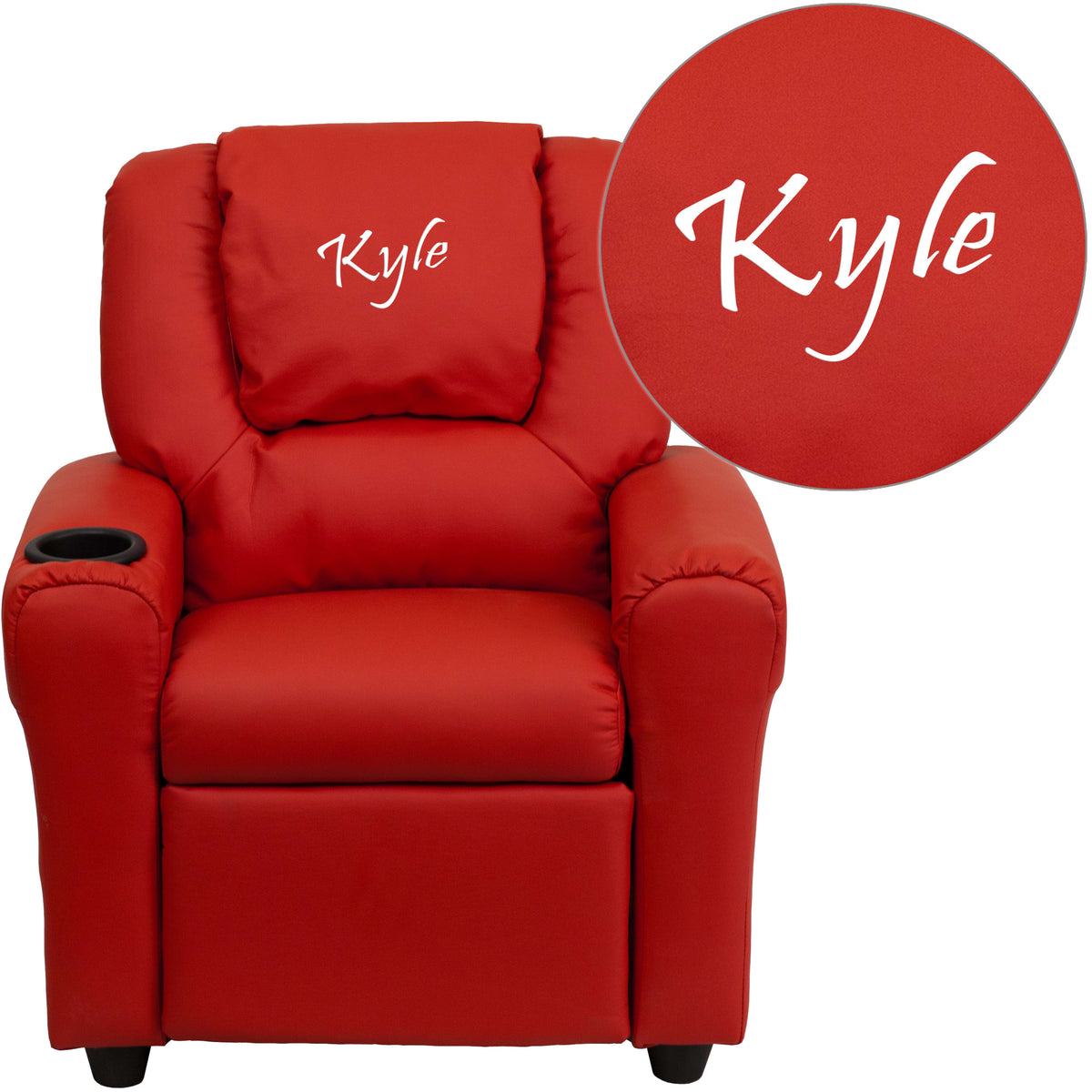 Red Vinyl |#| Personalized Red Vinyl Kids Recliner with Cup Holder and Headrest