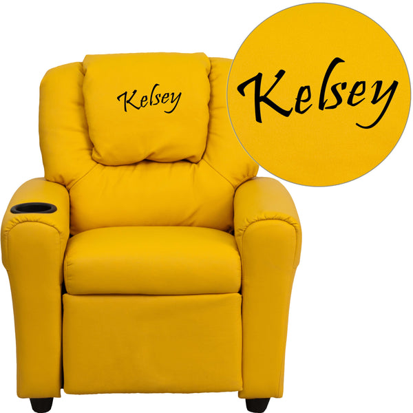 Yellow Vinyl |#| Personalized Yellow Vinyl Kids Recliner with Cup Holder and Headrest