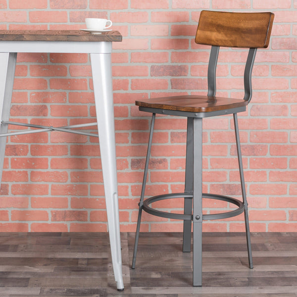 Rustic Walnut Restaurant Barstool with Wood Seat & Back & Gray Powder Coat Frame