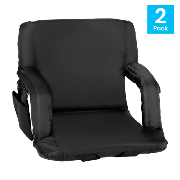 Black |#| 2 Pack Reclining Black Backpack Padded Stadium Chairs-Armrests & Storge Pockets