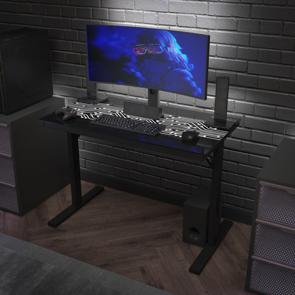 Gaming Computer Desk with Color Changing LED Circuit Board Design Glass Desktop