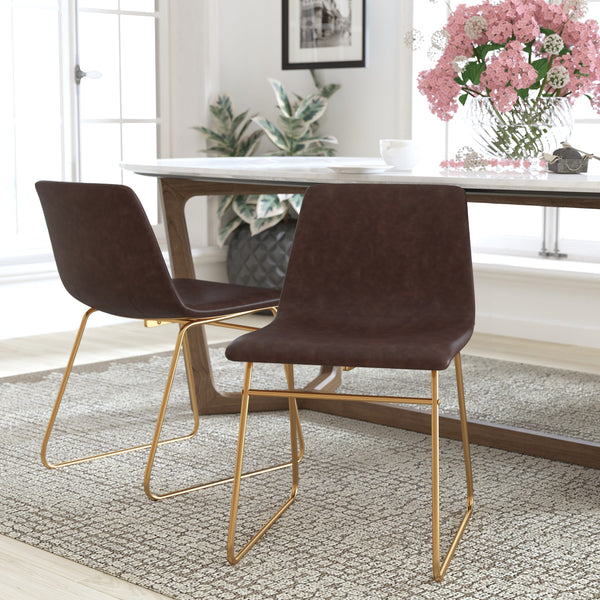 Dark Brown LeatherSoft/Gold Frame |#| 18 Inch Indoor Dining Table Chairs, Dark Brown LeatherSoft/Gold Frame-Set of 2