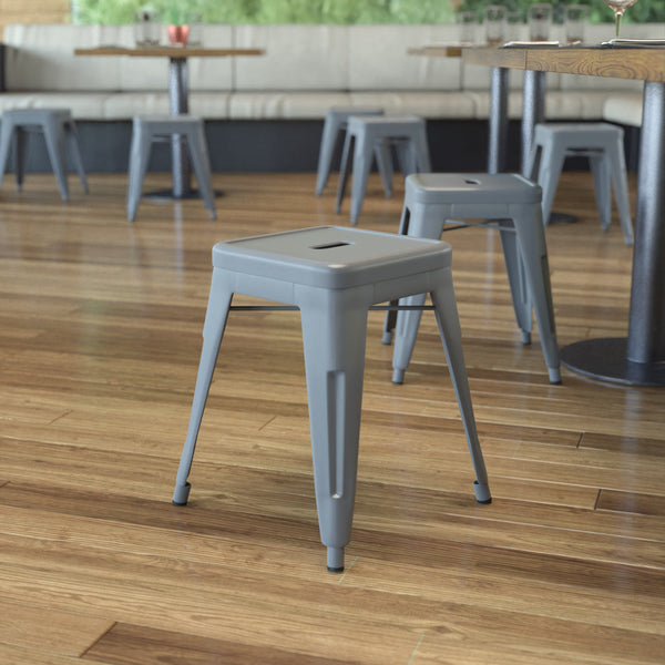 Silver |#| 18 Inch Table Height Indoor Stackable Metal Dining Stool in Silver-Set of 4