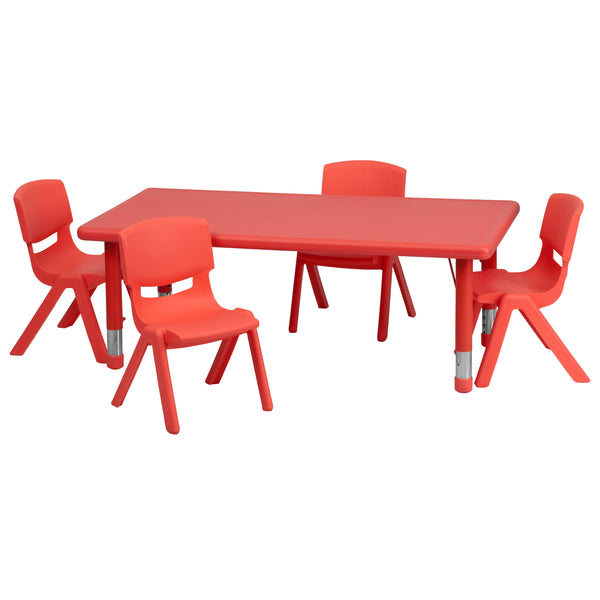 Red |#| 24inchW x 48inchL REC Red Plastic Height Adjustable Activity Table Set - 4 Chairs