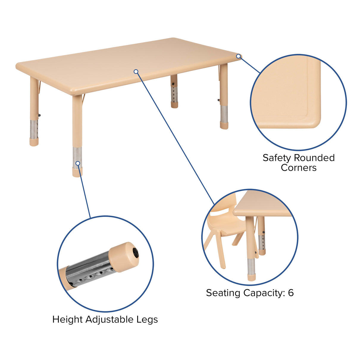 Natural |#| 24inchW x 48inchL Rectangle Natural Plastic Adjustable Activity Table Set - 4 Chairs