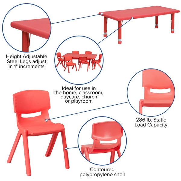 Red |#| 24inchW x 48inchL REC Red Plastic Height Adjustable Activity Table Set - 4 Chairs