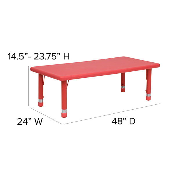 Red |#| 24inchW x 48inchL REC Red Plastic Height Adjustable Activity Table Set - 4 Chairs