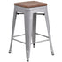 24" High Backless Metal Counter Height Stool with Square Wood Seat