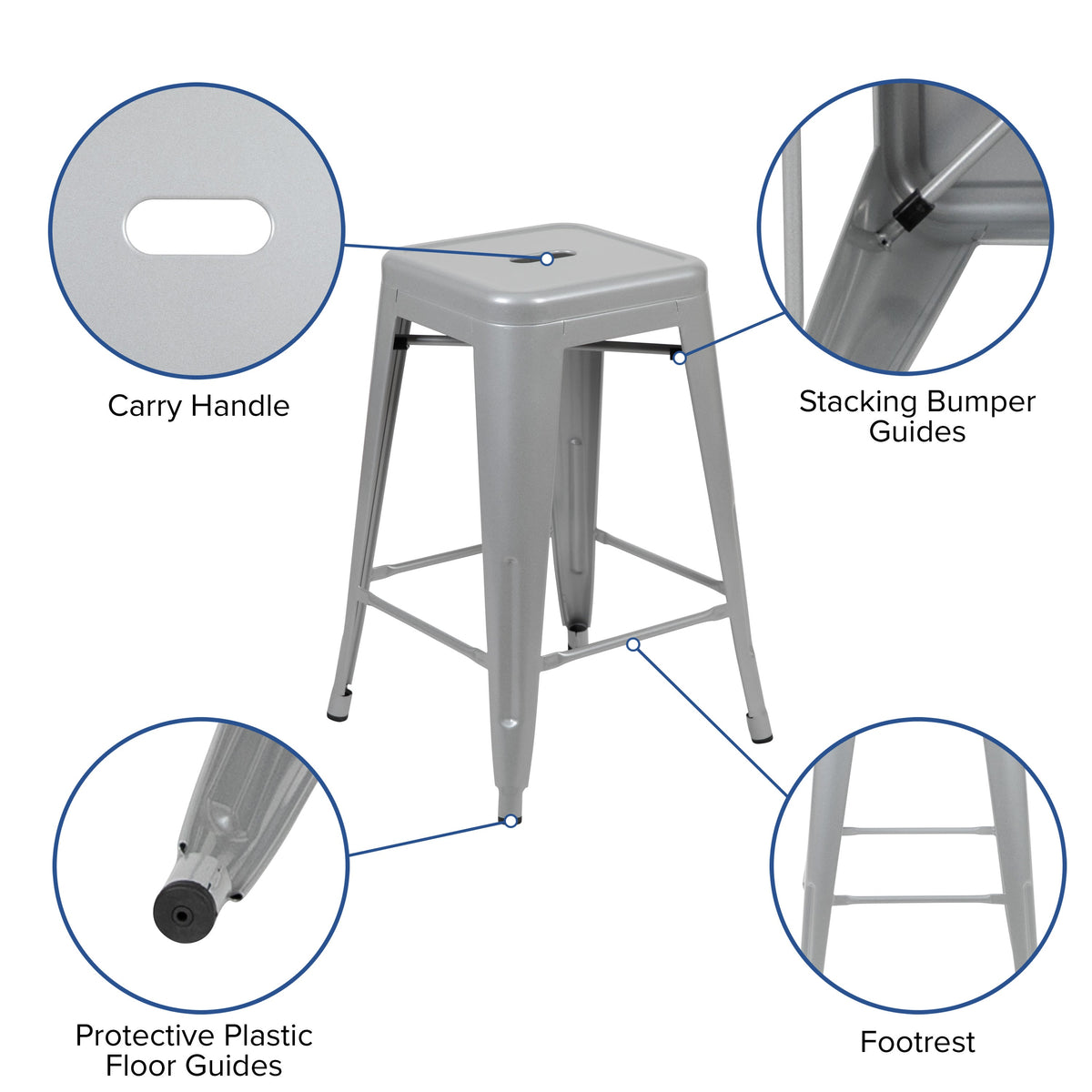 Silver |#| 4 Pack 24inch High Metal Indoor Counter Bar Stool - Stackable Stool, Silver