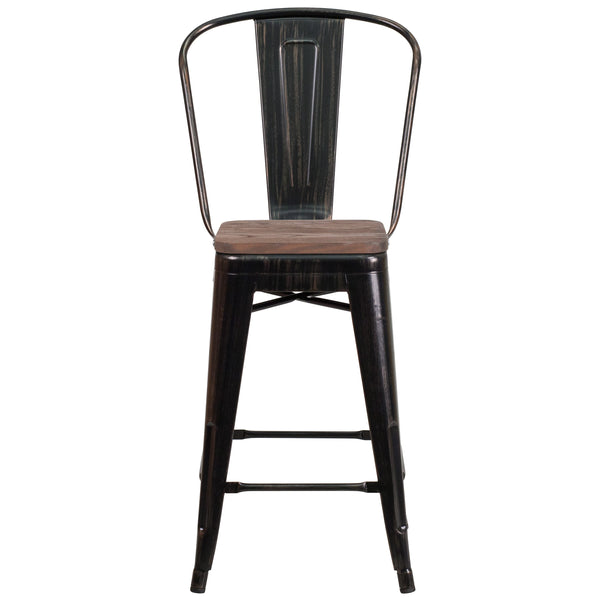 Black-Antique Gold |#| 24inch High Black-Antique Gold Metal Counter Height Stool with Back and Wood Seat