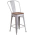 24" High Metal Counter Height Stool with Back and Wood Seat