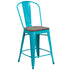 24" High Metal Counter Height Stool with Back and Wood Seat