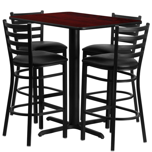 Mahogany Top/Black Vinyl Seat |#| 24inchW x 42inchL Rectangular Mahogany Laminate Table w/ 4 Metal Vinyl Seat Barstools