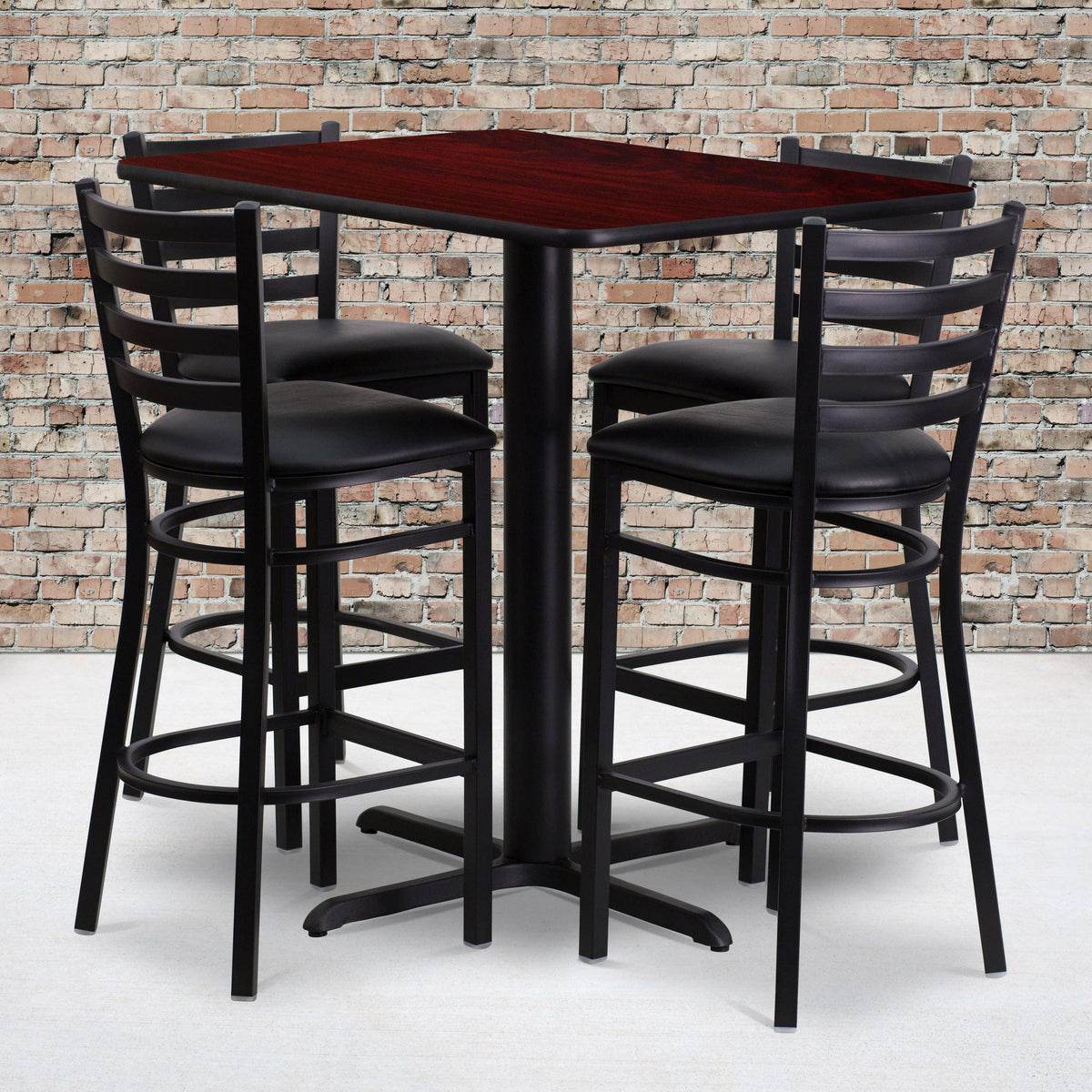 Mahogany Top/Black Vinyl Seat |#| 24inchW x 42inchL Rectangular Mahogany Laminate Table w/ 4 Metal Vinyl Seat Barstools