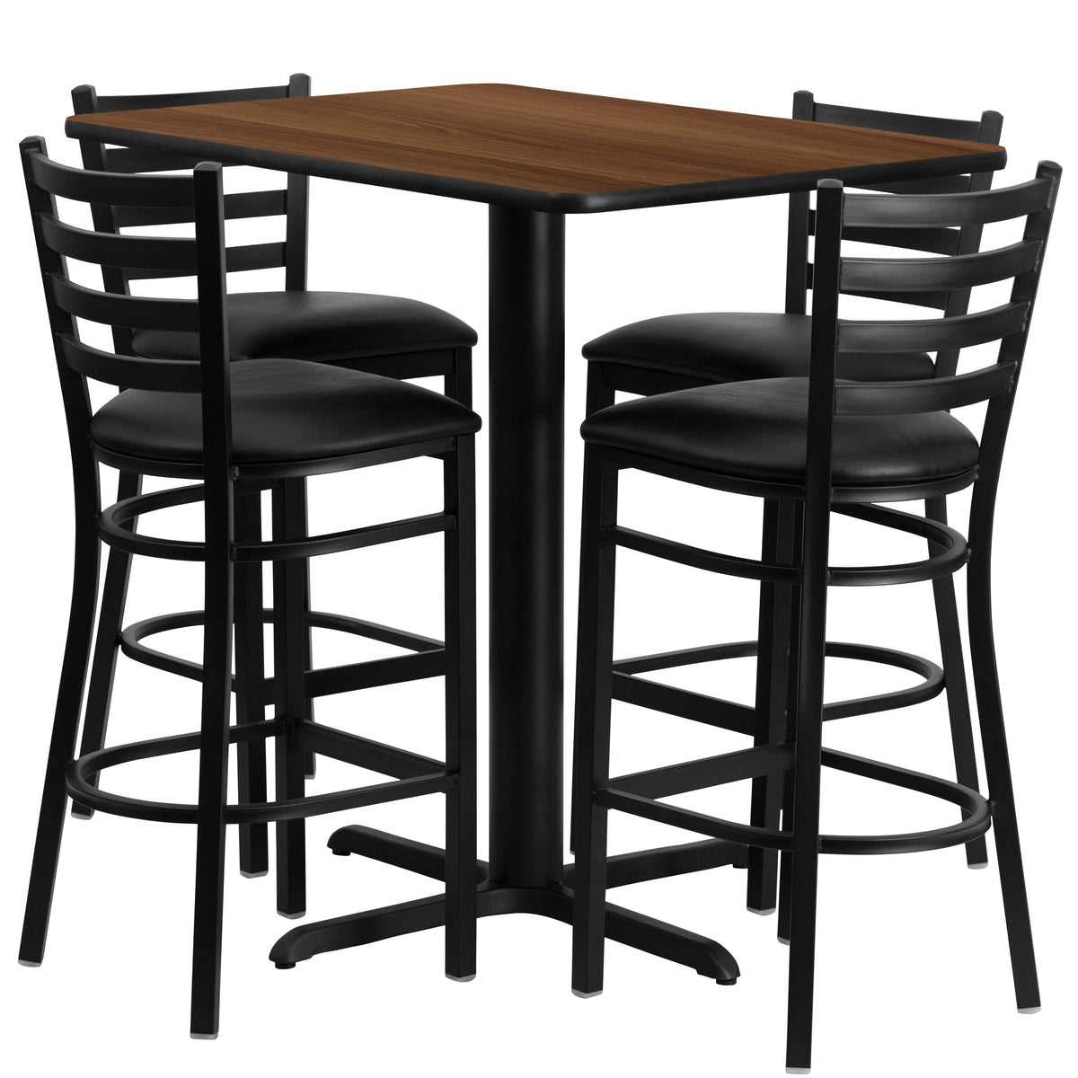Walnut Top/Black Vinyl Seat |#| 24inchW x 42inchL Rectangular Walnut Laminate Table w/ 4 Metal Vinyl Seat Barstools