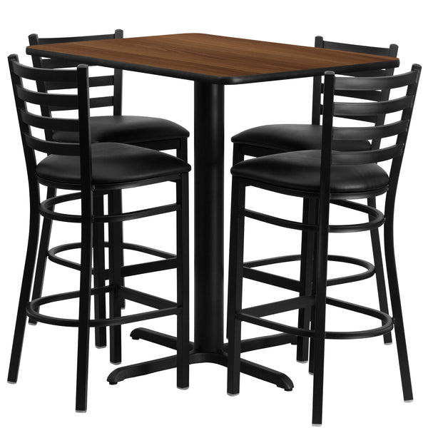 Walnut Top/Black Vinyl Seat |#| 24inchW x 42inchL Rectangular Walnut Laminate Table w/ 4 Metal Vinyl Seat Barstools