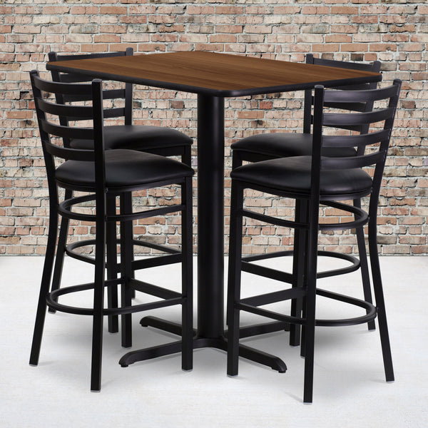 Walnut Top/Black Vinyl Seat |#| 24inchW x 42inchL Rectangular Walnut Laminate Table w/ 4 Metal Vinyl Seat Barstools