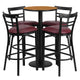 Natural Top/Burgundy Vinyl Seat |#| 24inch Round Natural Laminate Table w/ Round Base & 4 Ladder Back Metal Barstools