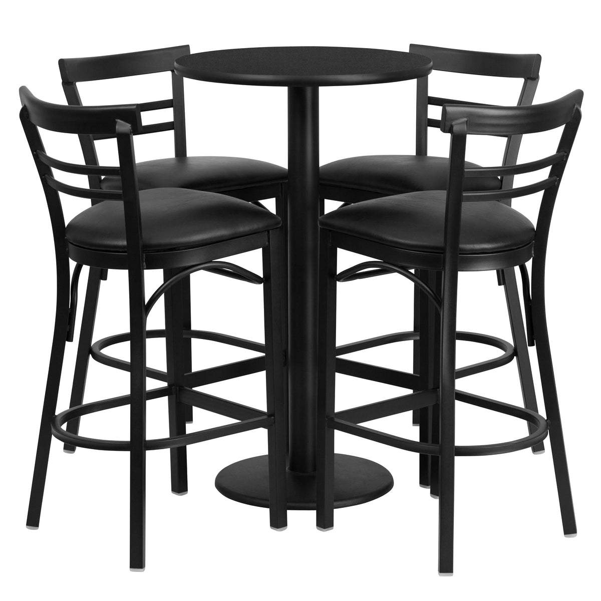 Black Top/Black Vinyl Seat |#| 24inch Round Black Laminate Table with Round Base & 4 Ladder Back Metal Barstools