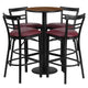 Walnut Top/Burgundy Vinyl Seat |#| 24inch Round Walnut Laminate Table with Round Base & 4 Ladder Back Metal Barstools