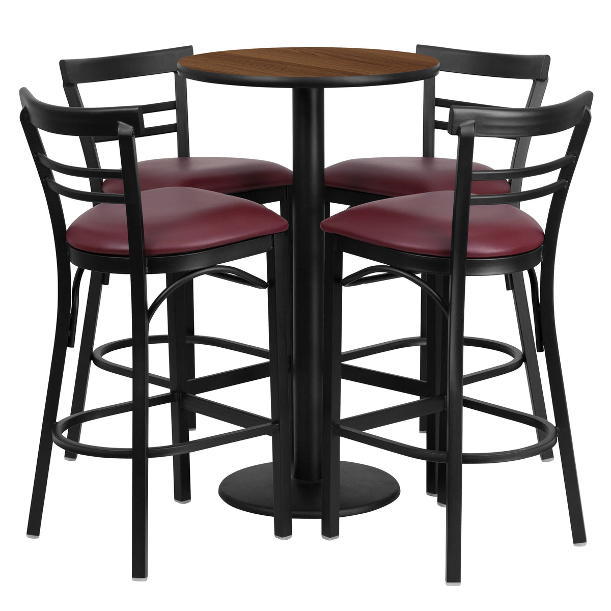 Walnut Top/Burgundy Vinyl Seat |#| 24inch Round Walnut Laminate Table with Round Base & 4 Ladder Back Metal Barstools