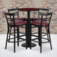 Mahogany Top/Burgundy Vinyl Seat |#| 24inch Round Mahogany Laminate Table w/ Round Base & 4 Ladder Back Metal Barstools