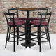 Walnut Top/Burgundy Vinyl Seat |#| 24inch Round Walnut Laminate Table with Round Base & 4 Ladder Back Metal Barstools