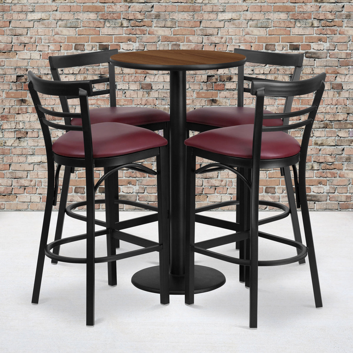 Walnut Top/Burgundy Vinyl Seat |#| 24inch Round Walnut Laminate Table with Round Base & 4 Ladder Back Metal Barstools