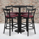 Black Top/Burgundy Vinyl Seat |#| 24inch Round Black Laminate Table with Round Base & 4 Ladder Back Metal Barstools