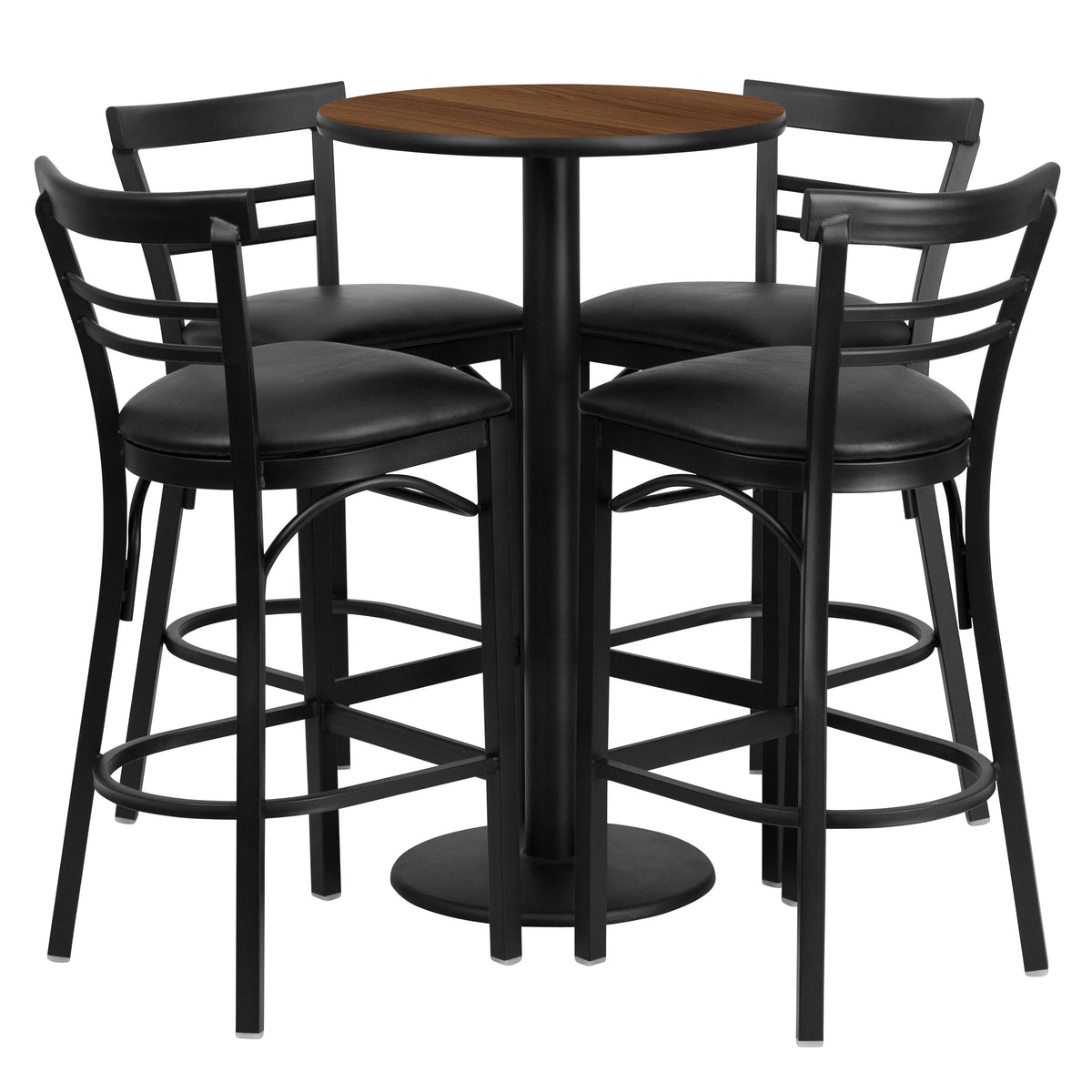 Walnut Top/Black Vinyl Seat |#| 24inch Round Walnut Laminate Table with Round Base & 4 Ladder Back Metal Barstools